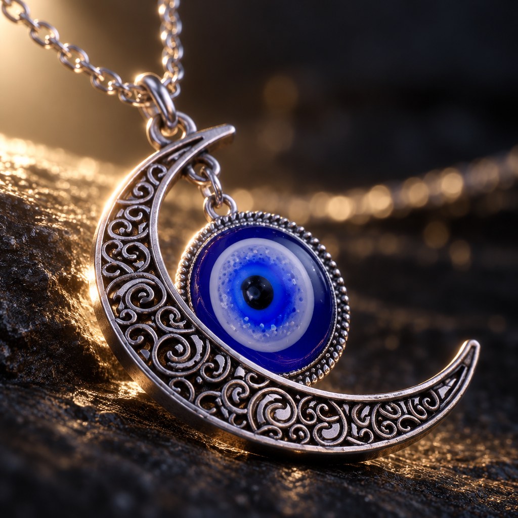 Turkish Blue Evil Eye Necklace - Alternate macro angle showing the eye charm surface finish
