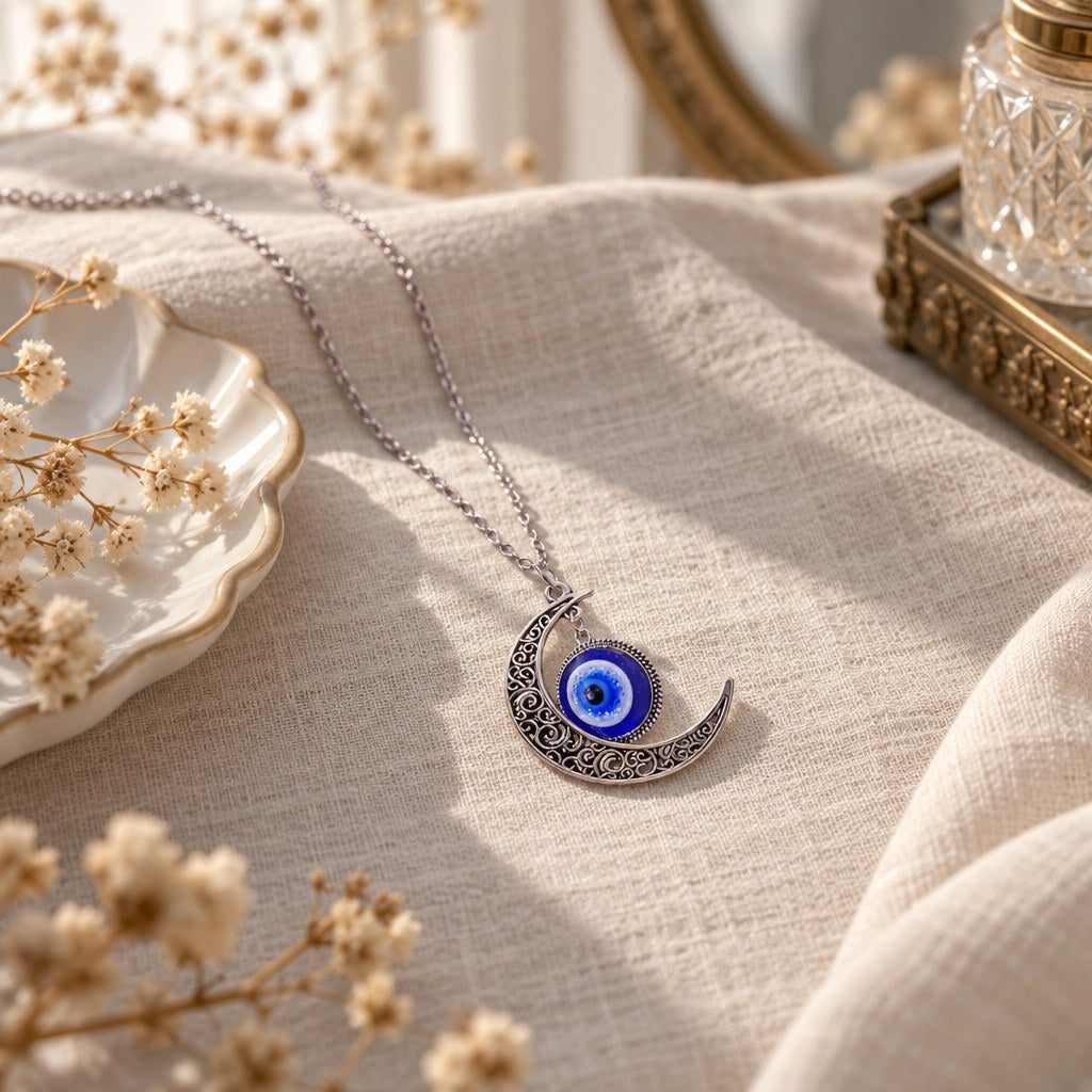 Turkish Blue Evil Eye Necklace - Lifestyle view of the pendant worn with an everyday outfit