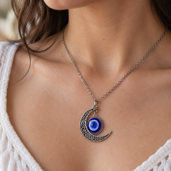 Turkish Blue Evil Eye Necklace - Close-up of the blue eye pendant worn on the neck, nazar motif