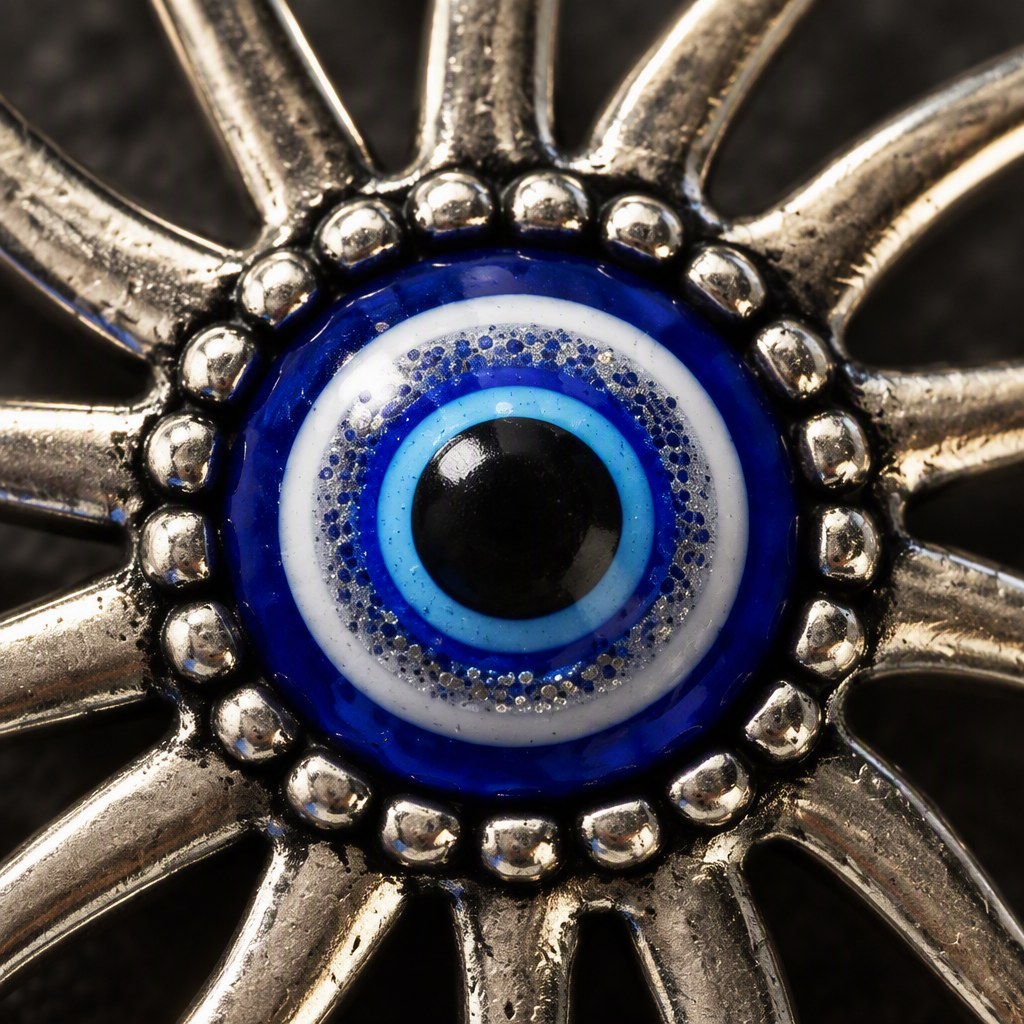 Turkish Blue Evil Eye Sunburst Necklace - Macro detail of the sunburst pendant and blue eye centre