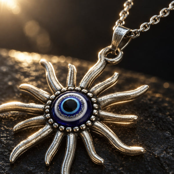 Turkish Blue Evil Eye Sunburst Necklace - Alternate macro angle of the eye charm surface finish