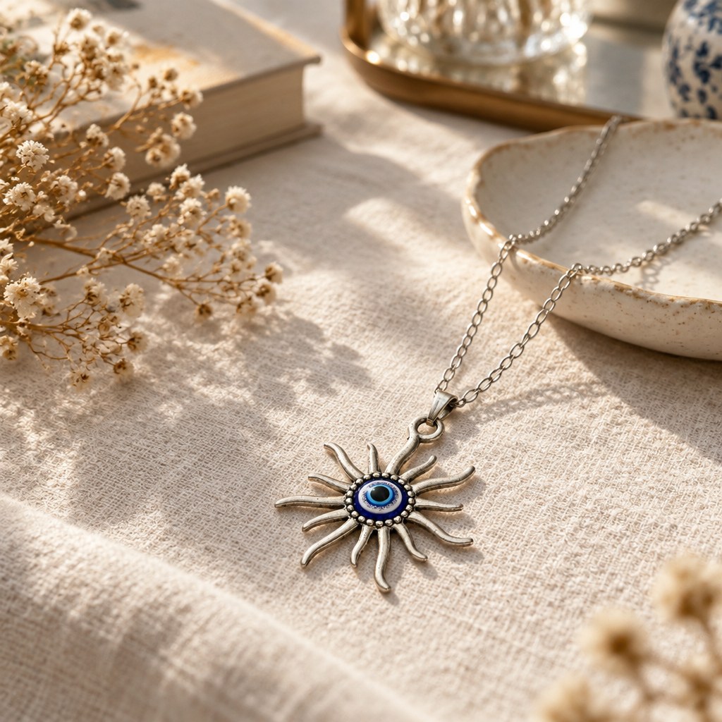 Turkish Blue Evil Eye Sunburst Necklace - Lifestyle view of the pendant worn with an everyday outfit