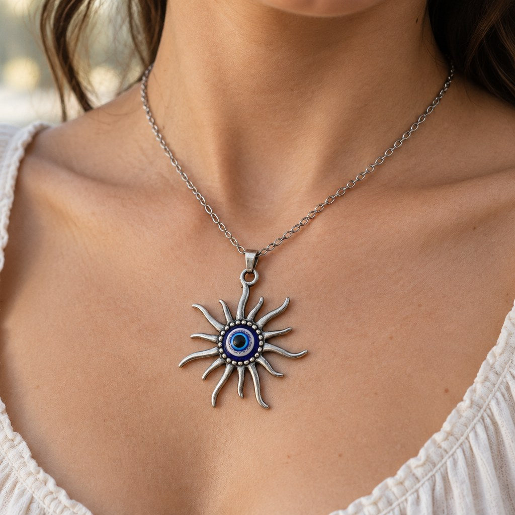 Turkish Blue Evil Eye Sunburst Necklace - Close-up of the sunburst eye pendant worn on the neck