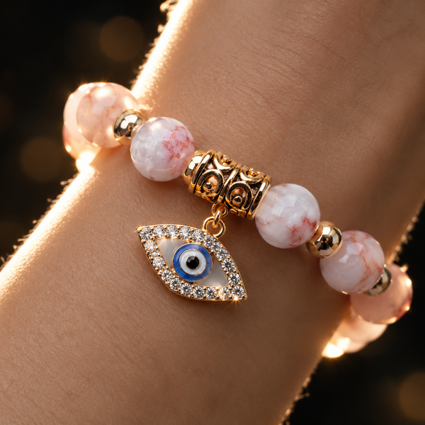 White Pink Veined Stone Evil Eye Bracelet - detail 2