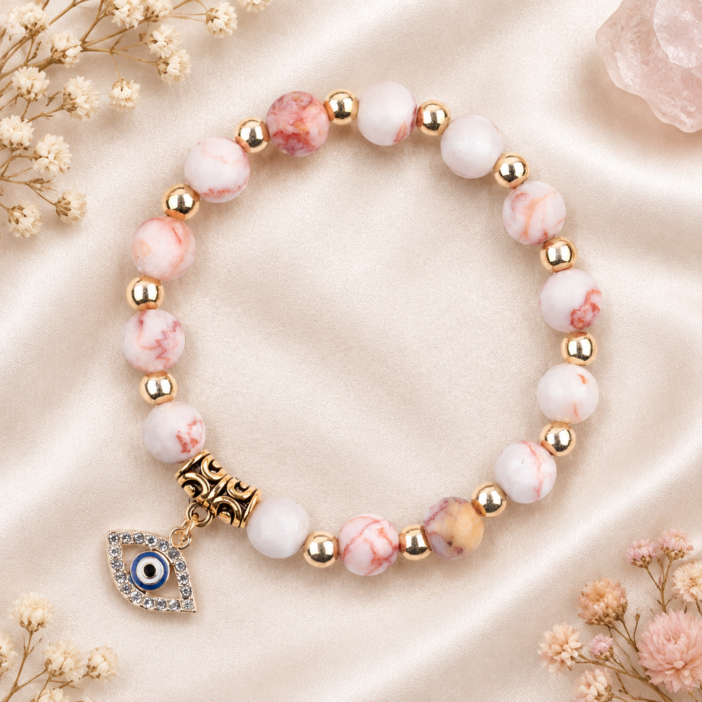 White Pink Veined Stone Evil Eye Bracelet - flat lay
