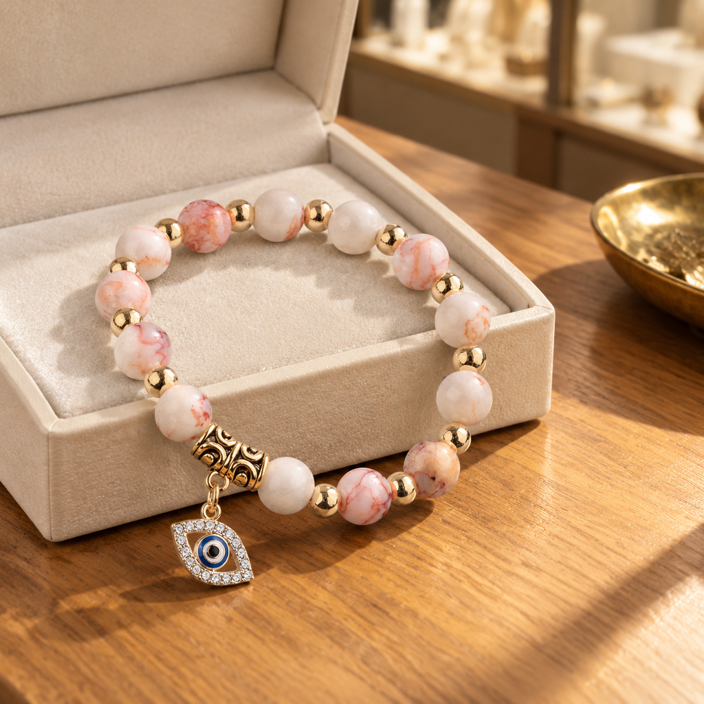 White Pink Veined Stone Evil Eye Bracelet - lifestyle