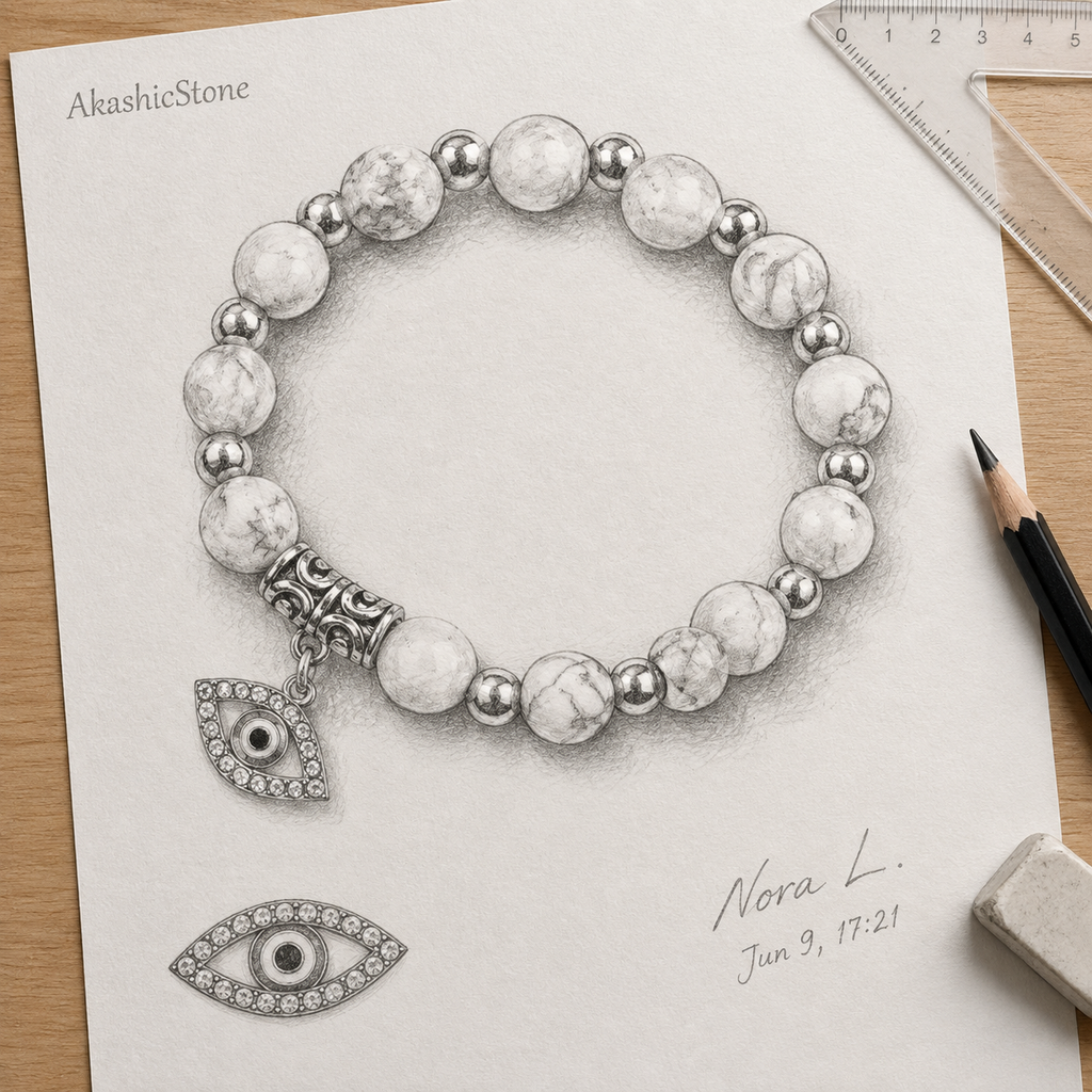 White Pink Veined Stone Evil Eye Bracelet - line art