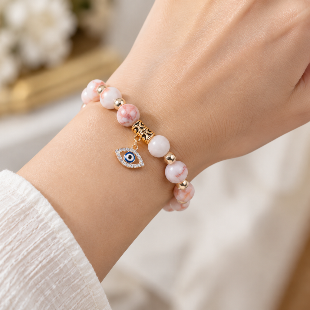 White Pink Veined Stone Evil Eye Bracelet - wear closeup