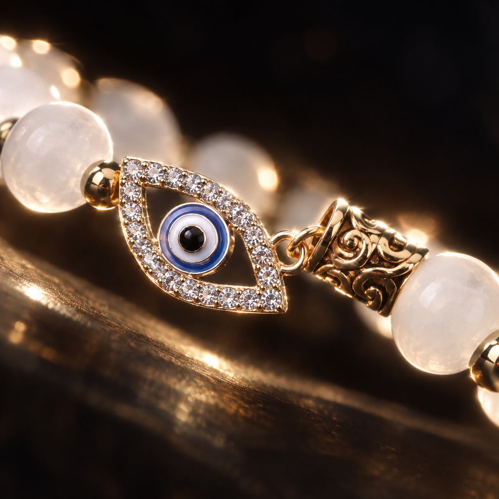 White Smooth Stone Evil Eye Bracelet - detail 2