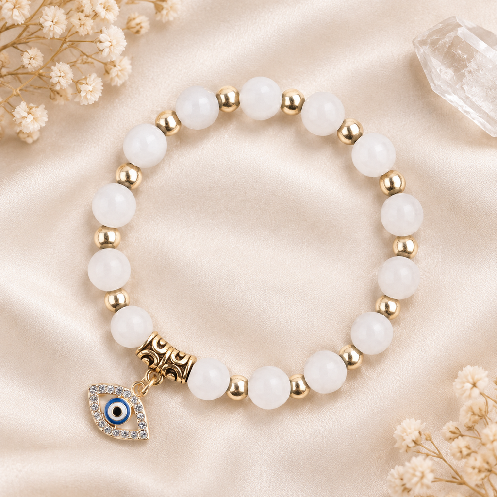 White Smooth Stone Evil Eye Bracelet - flat lay