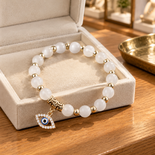 White Smooth Stone Evil Eye Bracelet - lifestyle