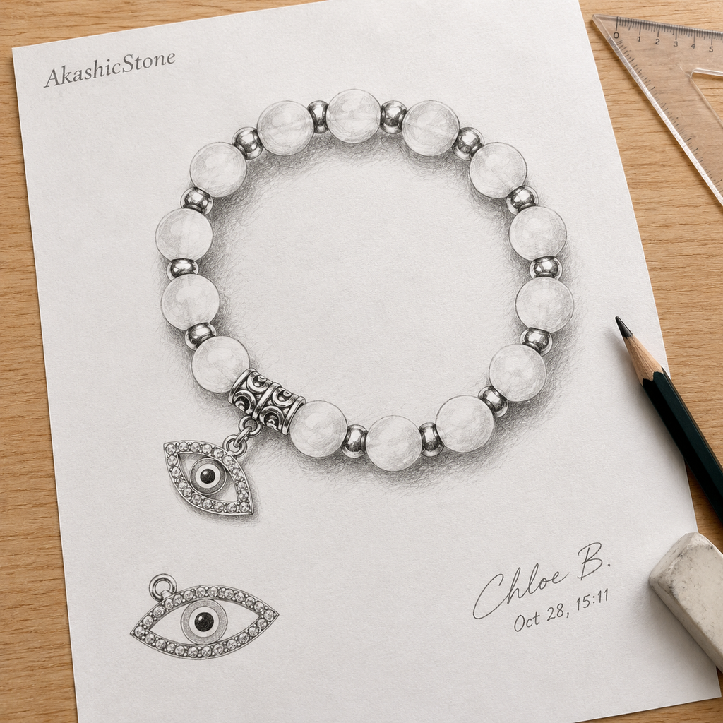 White Smooth Stone Evil Eye Bracelet - line art