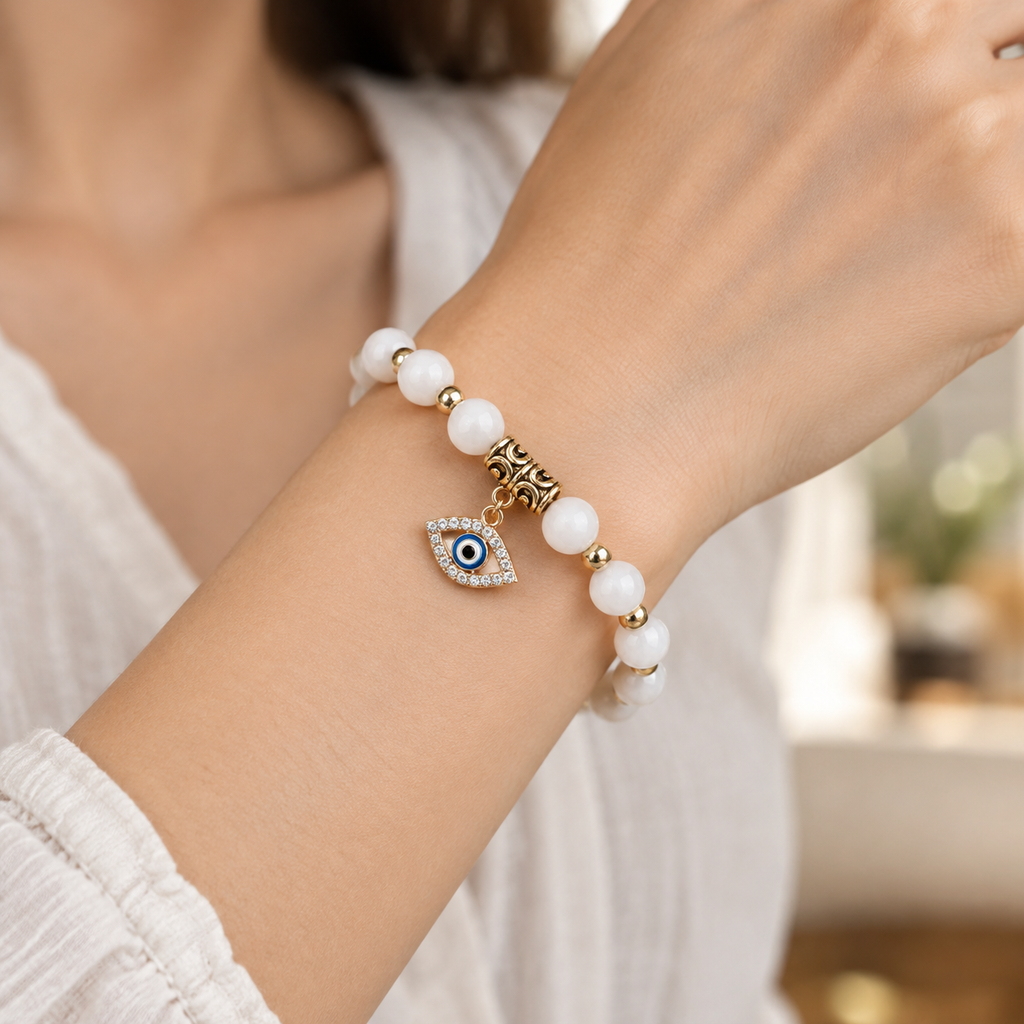 White Smooth Stone Evil Eye Bracelet - wear closeup