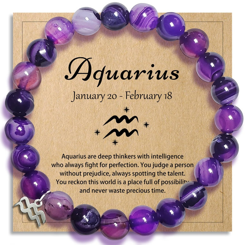 Zodiac Purple Agate Bracelet - Aquarius zodiac variant with silver Aquarius charm on kraft card, astrology birthday gift