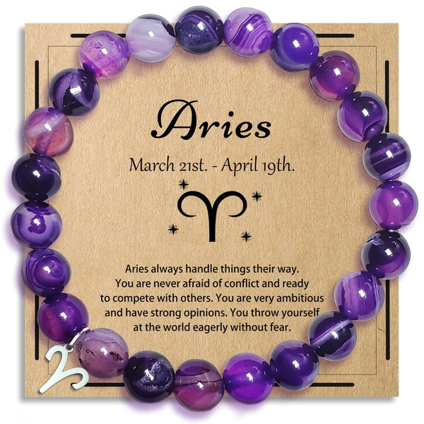 Zodiac Purple Agate Bracelet - Aries zodiac variant with silver Aries charm on kraft card, astrology birthday gift