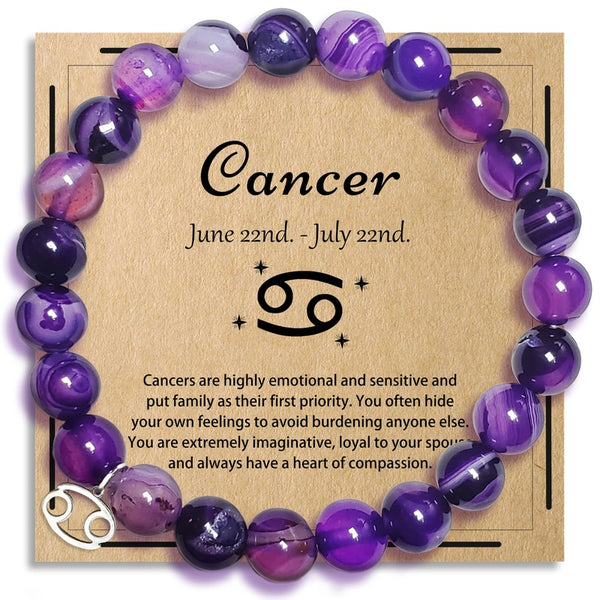 Zodiac Purple Agate Bracelet - Cancer zodiac variant with silver Cancer charm on kraft card, astrology birthday gift