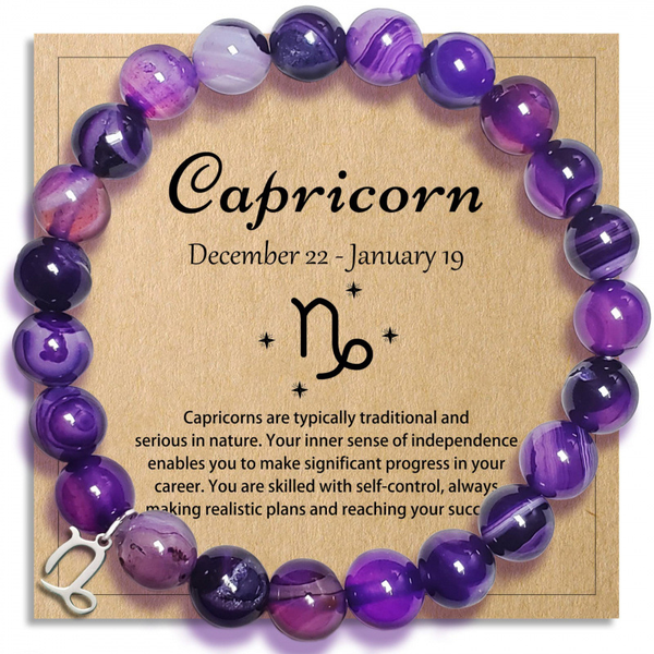 Zodiac Purple Agate Bracelet - Capricorn zodiac variant with silver Capricorn charm on kraft card, astrology birthday gift