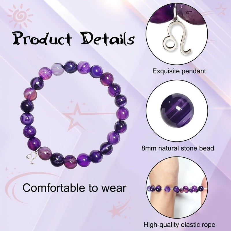 Zodiac Purple Agate Bracelet - 8mm natural banded agate beads with silver charm, product details infographic
