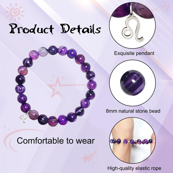 Zodiac Purple Agate Bracelet - 8mm natural banded agate beads with silver charm, product details infographic