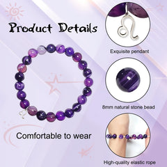 Zodiac Purple Agate Bracelet - 8mm natural banded agate beads with silver charm, product details infographic