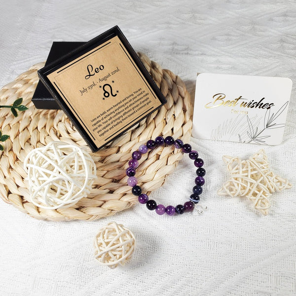 Zodiac Purple Agate Bracelet - flat lay with gift box, greeting card and natural decor, boho styling