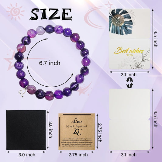 Zodiac Purple Agate Bracelet - complete gift set with black box, zodiac card and greeting card, packaging