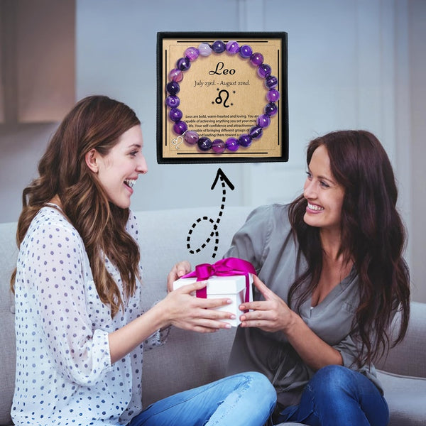 Zodiac Purple Agate Bracelet - bracelet in gift box with zodiac card, women exchanging birthday gift scene