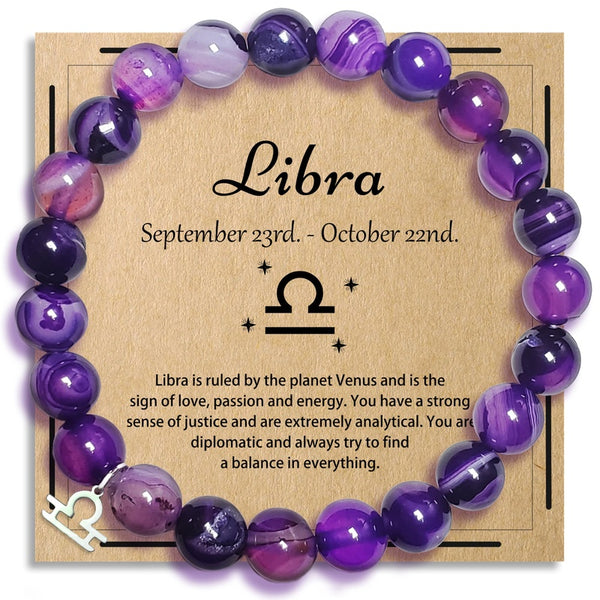 Zodiac Purple Agate Bracelet - Libra zodiac variant with silver Libra charm on kraft card, astrology birthday gift