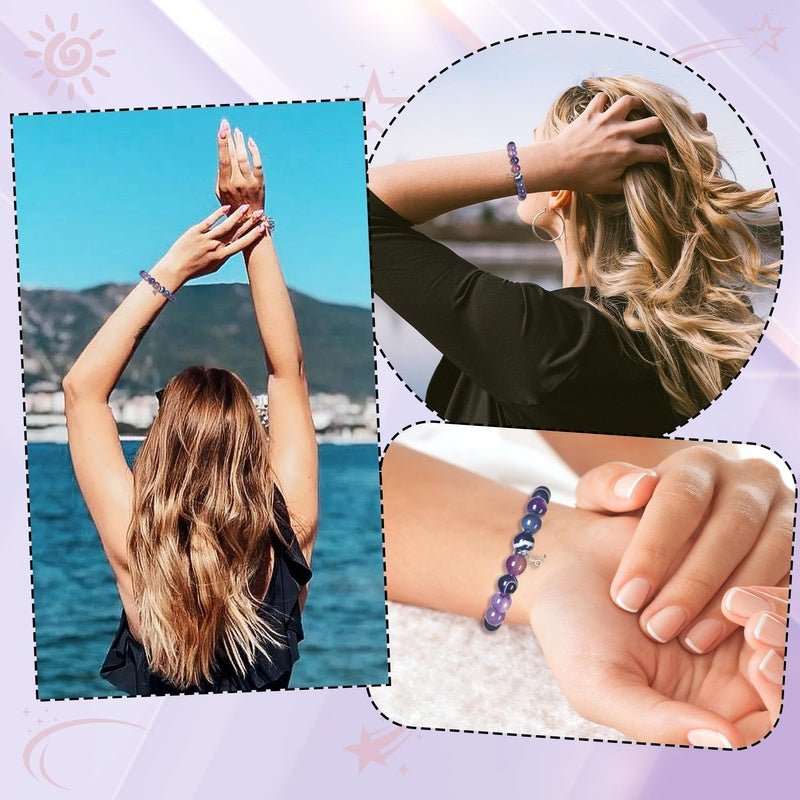 Zodiac Purple Agate Bracelet - three lifestyle scenes, beach vacation and daily wear collage