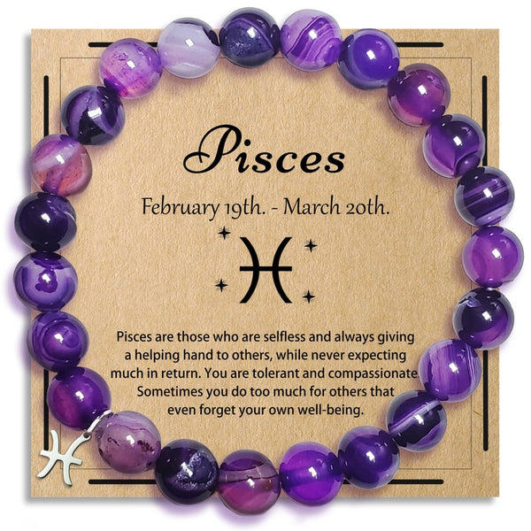 Zodiac Purple Agate Bracelet - Pisces zodiac variant with silver Pisces charm on kraft card, astrology birthday gift