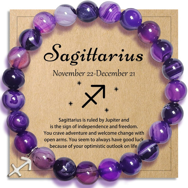 Zodiac Purple Agate Bracelet - Sagittarius variant silver charm on kraft card, astrology gift