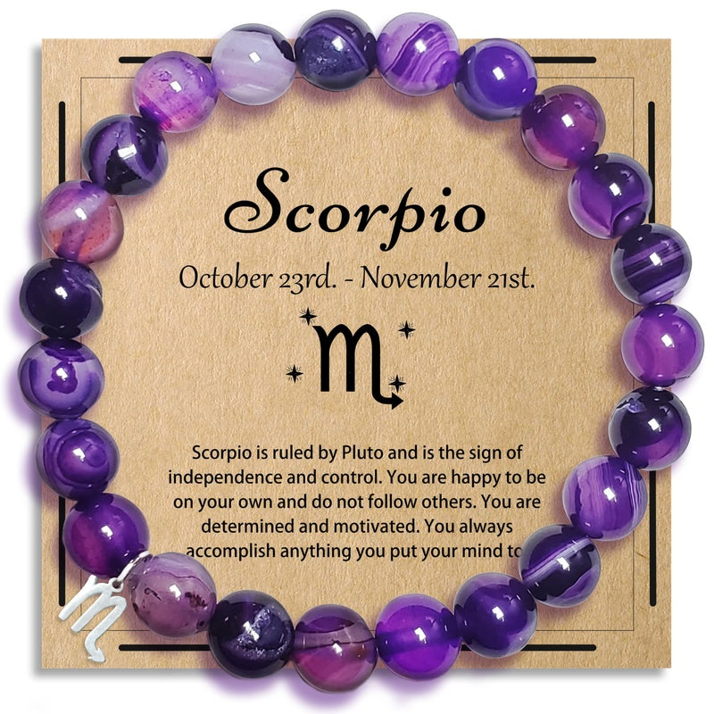 Zodiac Purple Agate Bracelet - Scorpio zodiac variant with silver Scorpio charm on kraft card, astrology birthday gift