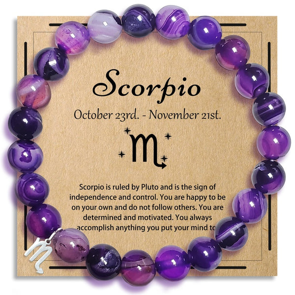 Zodiac Purple Agate Bracelet - Scorpio zodiac variant with silver Scorpio charm on kraft card, astrology birthday gift
