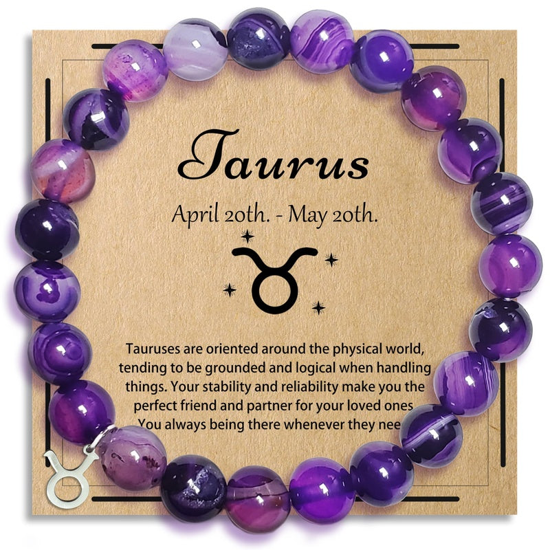 Zodiac Purple Agate Bracelet - Taurus zodiac variant with silver Taurus charm on kraft card, astrology birthday gift