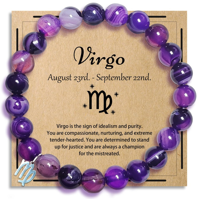 Zodiac Purple Agate Bracelet - Virgo zodiac variant with silver Virgo charm on kraft card, astrology birthday gift