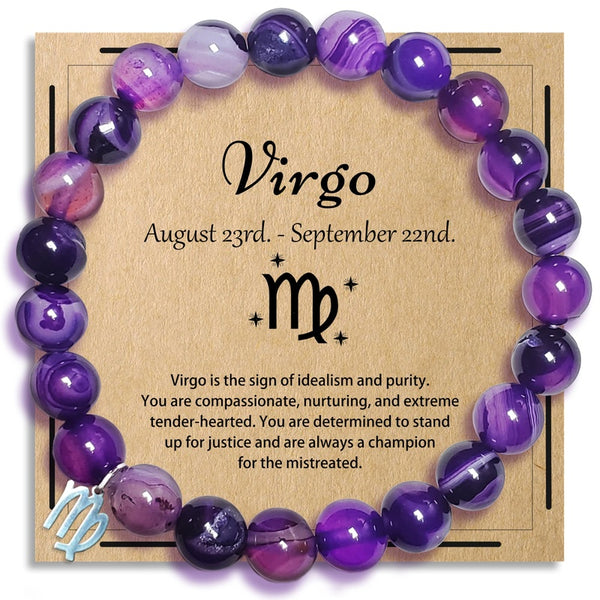 Zodiac Purple Agate Bracelet - Virgo zodiac variant with silver Virgo charm on kraft card, astrology birthday gift
