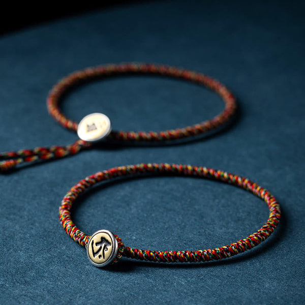 Chinese Zodiac Natal Buddha Bracelet – Two multicolor braided cord bracelets with metal zodiac symbol clasps, dark blue textured background